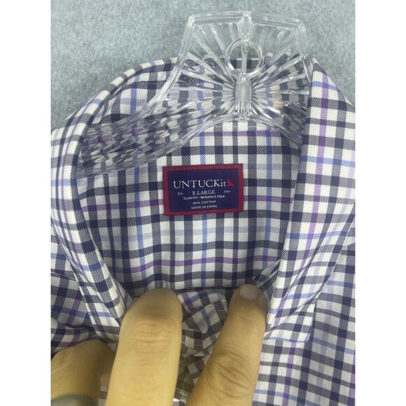 UNTUCKit Button Up Shirt Mens XL White Plaid Checks‎ Slim Fit Purple Black - Picture 4 of 9